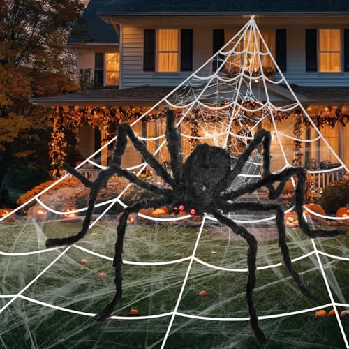 Halloween Deko Set, Halloween Spinnennetz Dekoration 150cm Riesige künstliche Spinne + 700cm Dreieckiges Spinnennetz + 20 kleine Spinnen + 40g...