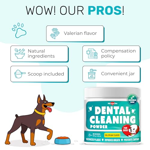 Dental Cleaning Powder Dog Breath Freshener to Help with Plaque, Tartar, & Caries โ Dog Probiotics + Valerian in The Composition โ Scoop Included โ 100 G