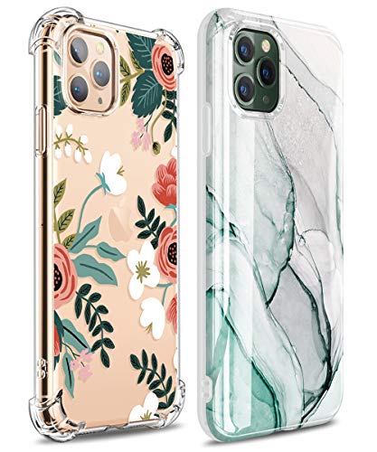 GVIEWIN Clear Flower Designed iPhone 11 Pro Case Bundle with Marble iPhone Pro Case 5.8 Inch (2 Items)