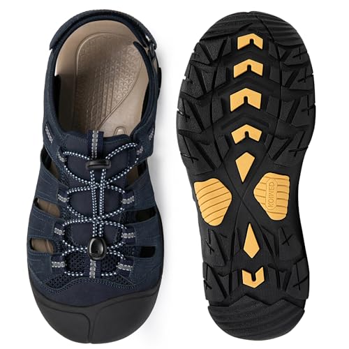 KOIMED Men's Hiking Leather Sandals Closed Toe Water Shoes for Summer Athletic Trail River Fishing Wide Adjustable Waterproof Arch Support Hiking Style-Blue