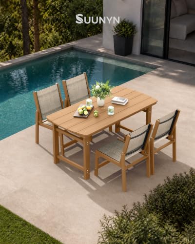 Image of HDPE Outdoor Patio Dining Set with Table & 4 Stackable Armless Textilene Chairs, All-Weather 5-Piece Dining Table Set with Umbrella Hole, Patio Furniture for Garden, Poolside, Backyard, Deck | Teak