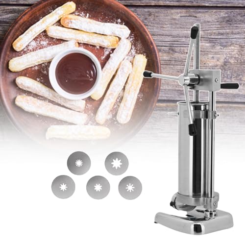 SICWEDIM Commercial Manual Churro Maker - Stainless Steel Spanish Churrera Machine with 5 Molds, Latin Fruit Donut Machine, Manual Sausage Filler Machine