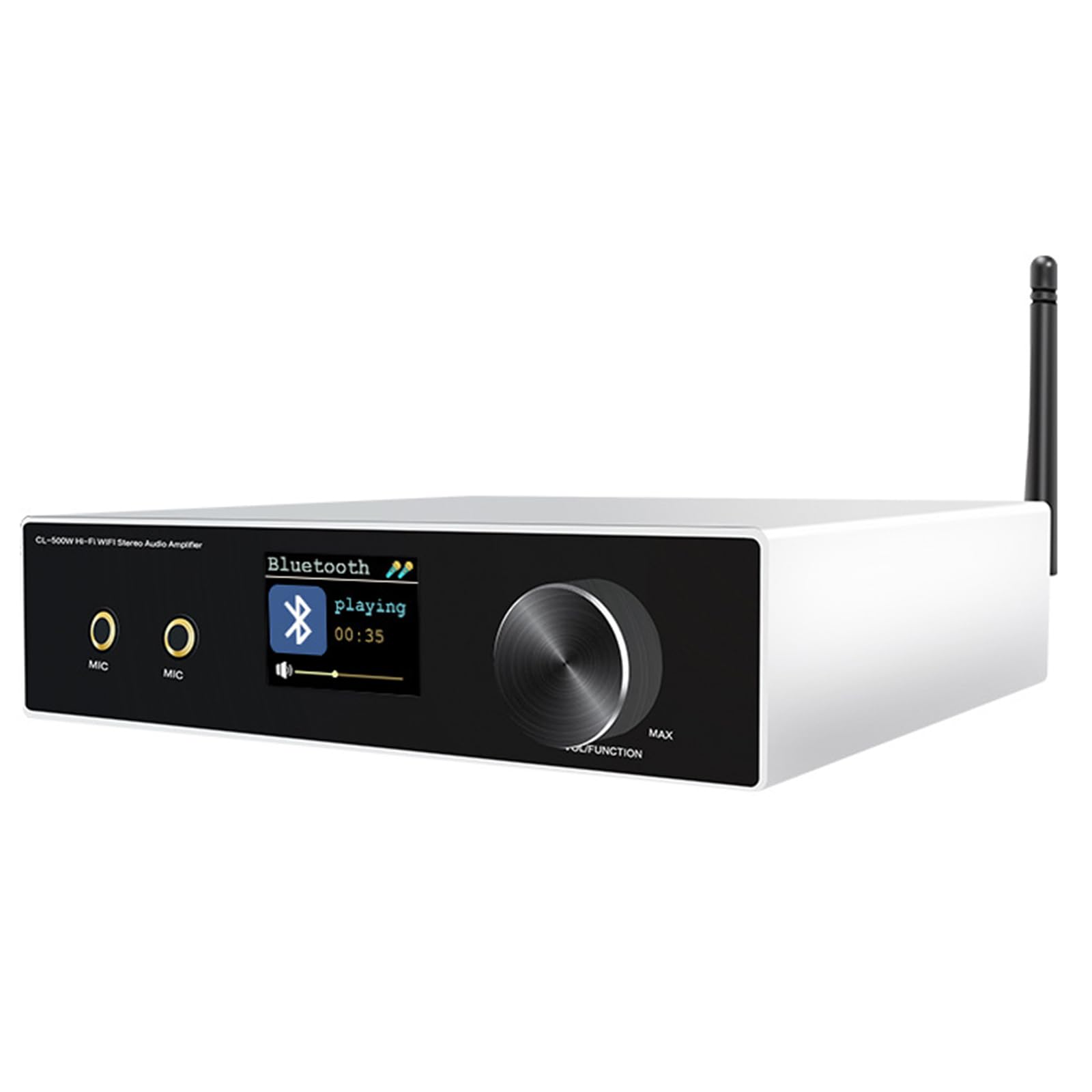 Wzmacniacz audio Bluetooth 5.0, wzmacniacz stereo o mocy 50 W x 2, z wyświetlaczem LCD, pokrętłami regulacji głośności, pilotem zdalnego sterowania, obsługą wielu wejść