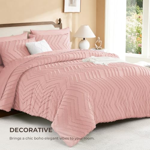Image of Litanika Blush Pink Queen Size Comforter Set with Sheets - 7 Pieces Bed in a Bag Queen Boho Tufted Complete Bedding Sets with Comforter, Sheets, Pillowcases & Shams