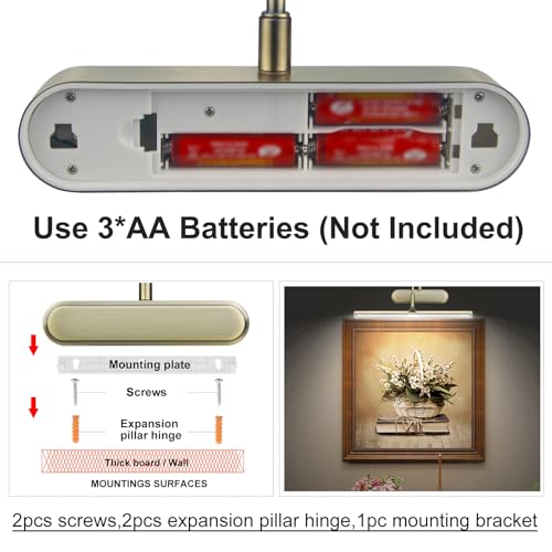 Image of RAIFOOLLY Picture Light,3AA Battery Art Lights for Paintings,Wireless Wall Lighting,Remote Control Accent Light with Timer and Dimmable for Frame,Portrait,Dartboard-Antique Brass