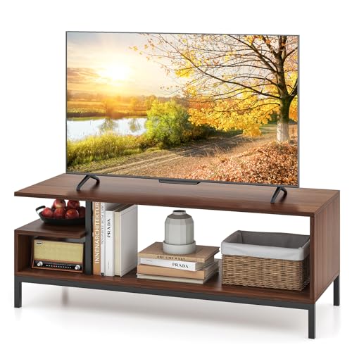 COSTWAY TV Stand for TVs up to 48 Inches, Industrial TV Cabinet Media Entertainment Center with Open Storage Shelves, Metal Frame Wooden TV Unit Console Table for Living Room Bedroom (Walnut)