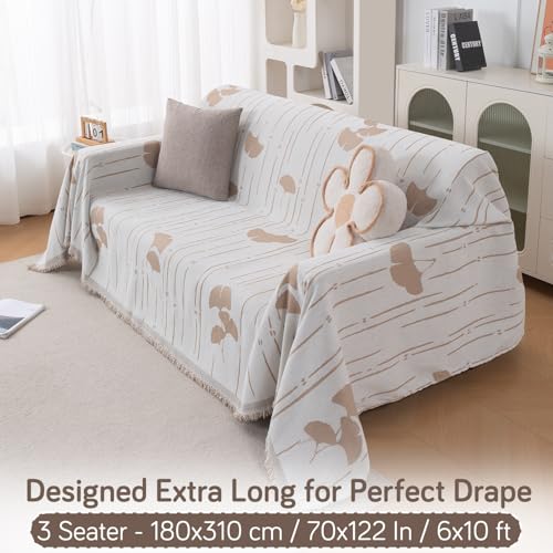 Image of HOKIPO 320 GSM Chenille Sofa Throw Blanket for 3 Seater Sofa - Printed All-Season Sofa Cover, 'Serene Abode Series' Beige Ginkgo Lines (180x310 cm) (AR-6633-D2)