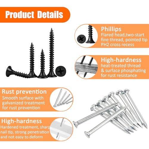 Image of Dianrui Nails & Wood Screws Assortment Kit, 320 PCS #6#8 Philips Black Drywall Screws Set and High Hardness Hardware Small Nails for Picture Hanging /DIY Repair Project Length 1 /2 inch to 2 inch