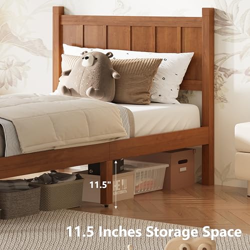 Image of Twin Size Vintage Bed Frame with Headboard, Farmhouse Wooden Platform Bed with Under-Bed Storage, Minimalist Modern Wood Grain Finish Bedframe for Bedroom (Light Walnut)