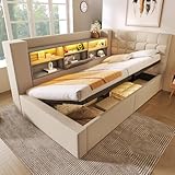 Cayipng Cama tapizada de 90 x 190 cm con iluminación LED, beige (colchón no incluido).