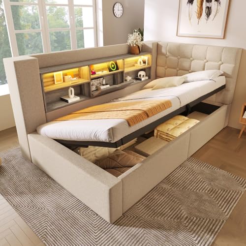 Cama individual con almacenamiento y recarga, cama acolchada en forma de L intercambiable 90 x 200 cm con LED, 2 niveles de compartimentos, cabecero cama individual con marco de listones, estructura