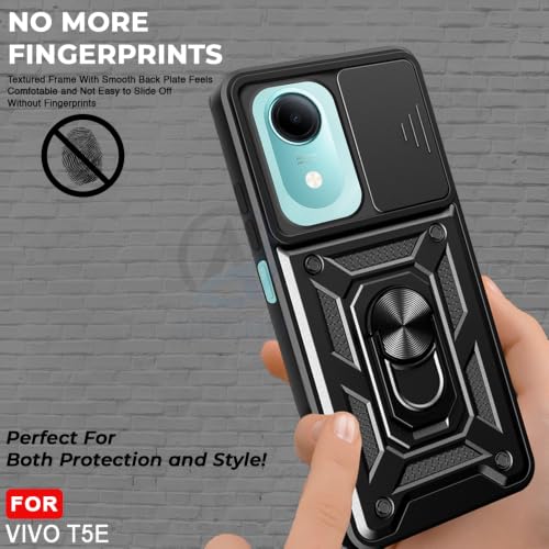 Image of AESTMO Tough Armor Vivo T5E Bumper Back Case Cover | Ring Holder & Sliding Camera Shield Cover | 360 Degree Protection Back Case Cover for Vivo T5E (Black)