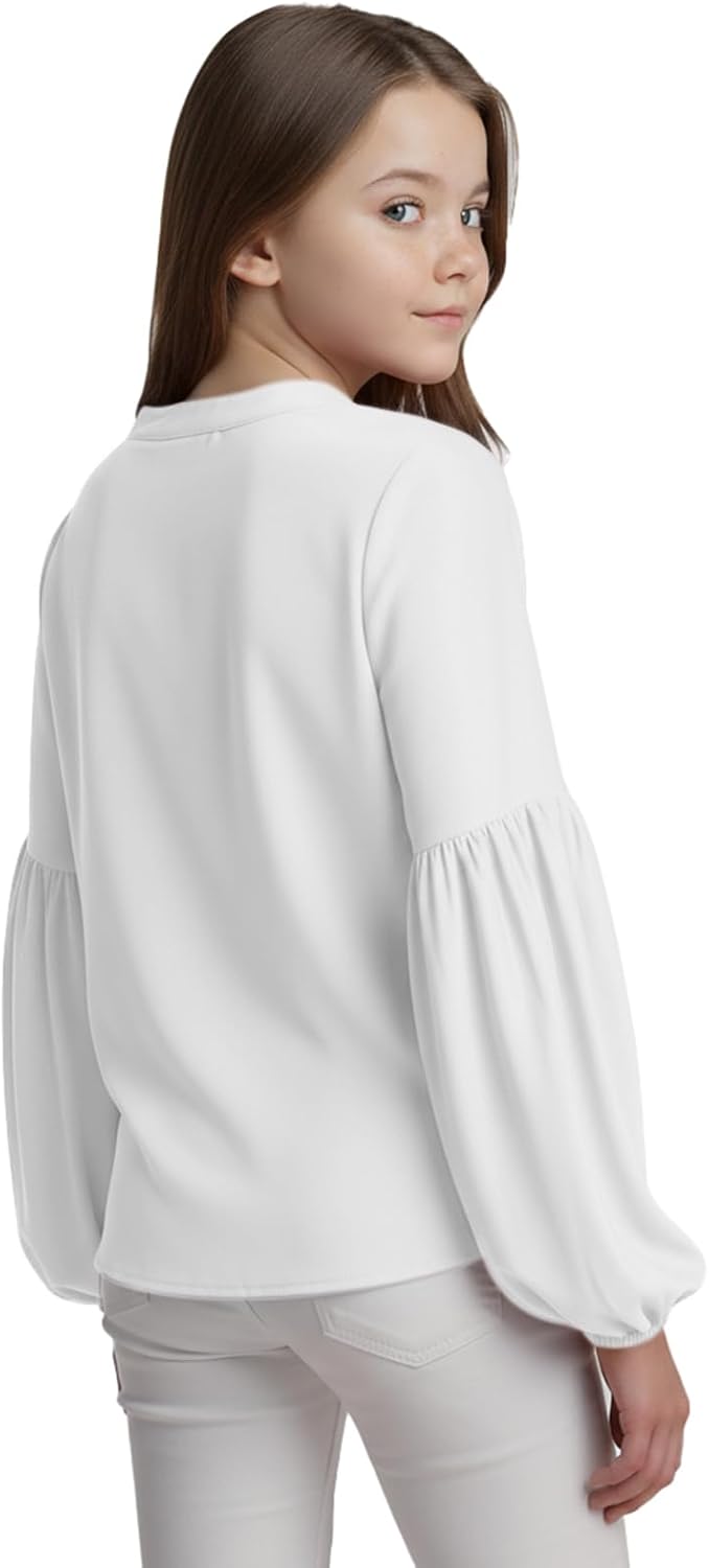 Noomelfish Girls Long Sleeve Shirts Chiffon Blouses Kids Cute V Neck Casual Loose Tops Tee (7-14 Years) - Image 2