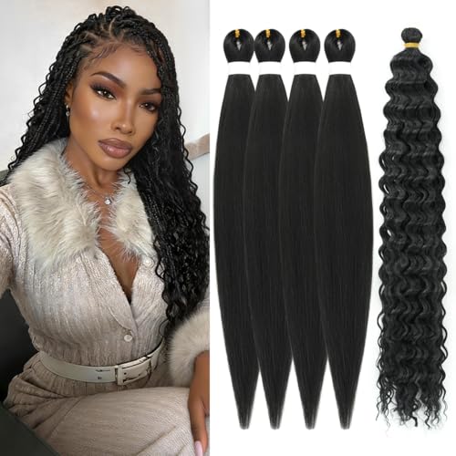 Boho Braiding Hair Pre Stretched - Deep Wave Curly Prestretched Braiding Hair Extensions for Boho Braids(Black)