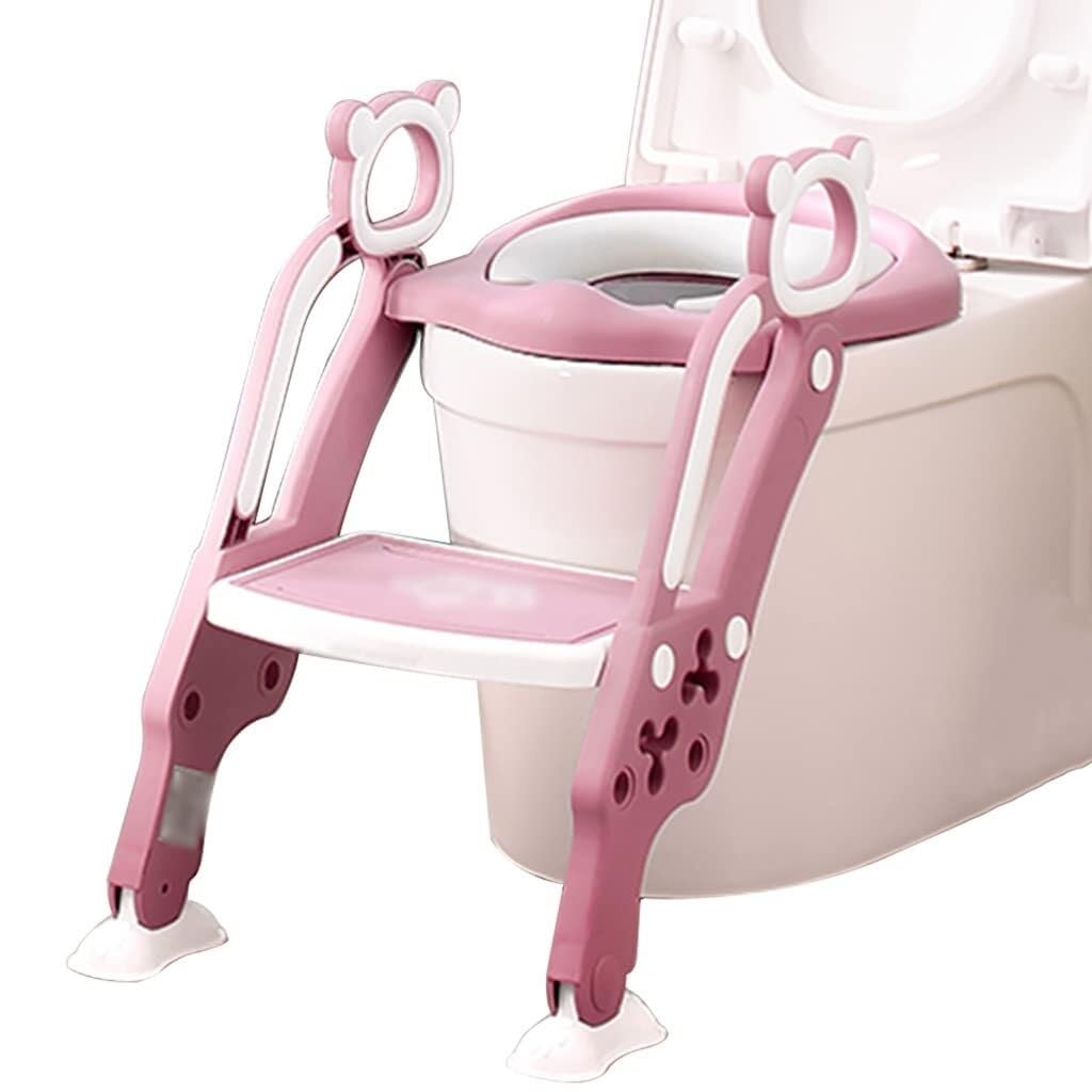 Adjustable Potty Training Seat with Ladder for Boys & Girls, Foldable Bear Armrest Toilet Chair with Splash Guard, 75kg Load