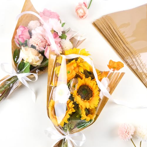 CLUEWR 50 PCS Flower Bags for Bouquets, Floral Wrapping Sleeves with Ribbons Florist Wrap Supplies, 15.7 x 13.7 Inches - Thumbnail 5