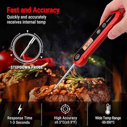 ThermoPro Digital Food Thermometer Probe, IPX6 Waterproof Meat Thermometer Foldable Probe with Backlight/Calibration/Lock Fuction, Kitchen Instant Read Use for Chicken, Beef, Fish, Pork, Ham, Red - Image 3