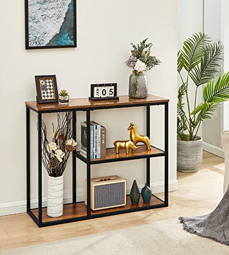 Image of WOHOMO Metal Console Table, Tall Narrow Sofa Table & Tv Stand With 3-Tier Storage Shelves, 40 Inch Industrial Entryway Table For Living Room, Corridor, Hallway, Rustic Brown