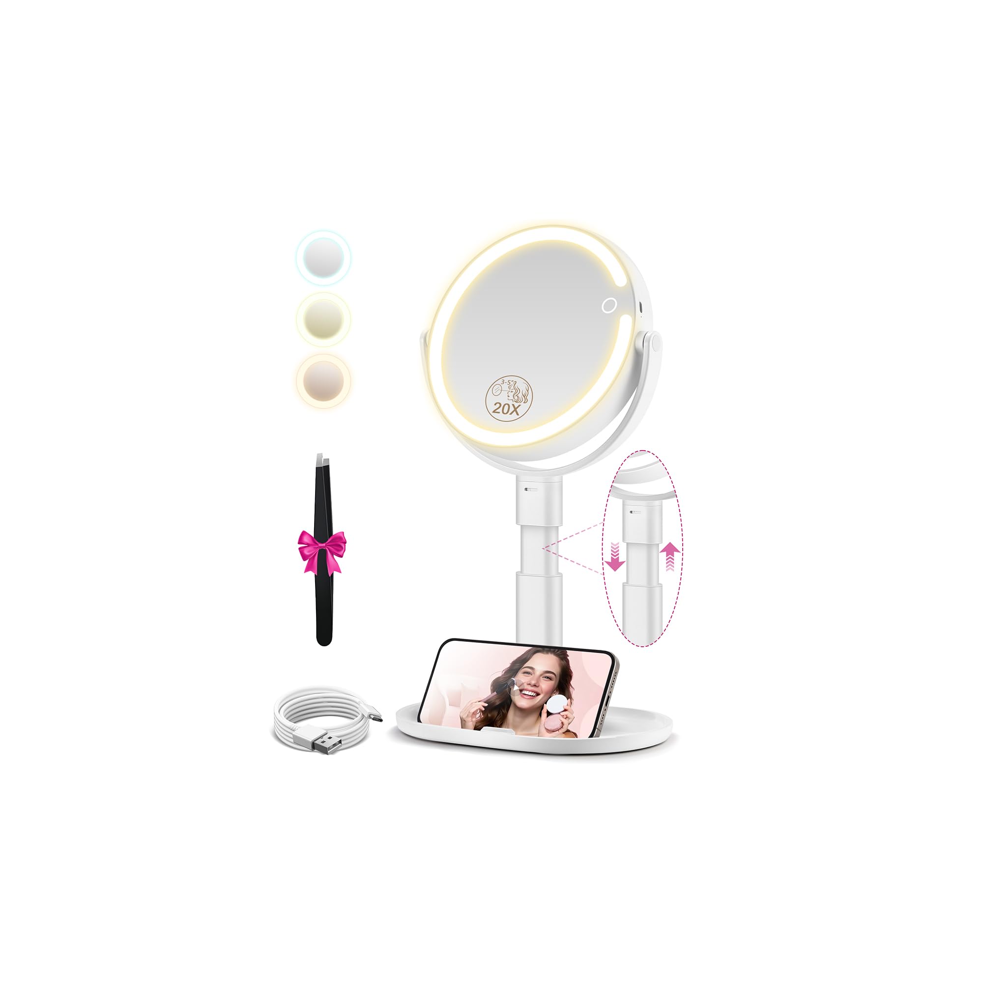 MOMOKUBA Makeup Mirror with Lights, 20X Magnifying Mirrors, Height Adjustable, Vanity Mirror with Lights Rechargeable 3 Color Modes, Double-Sided Detachable Travel Mirrors, Gift for Women, White