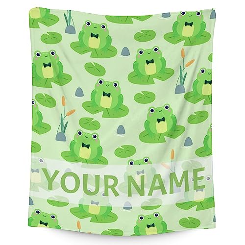 Personalized Frog Blanket Gifts with Name - 40x50 Inches Cute Throw for Girls & Boys - Green Soft Fuzzy Blankets for Bed, Couch & Living Room