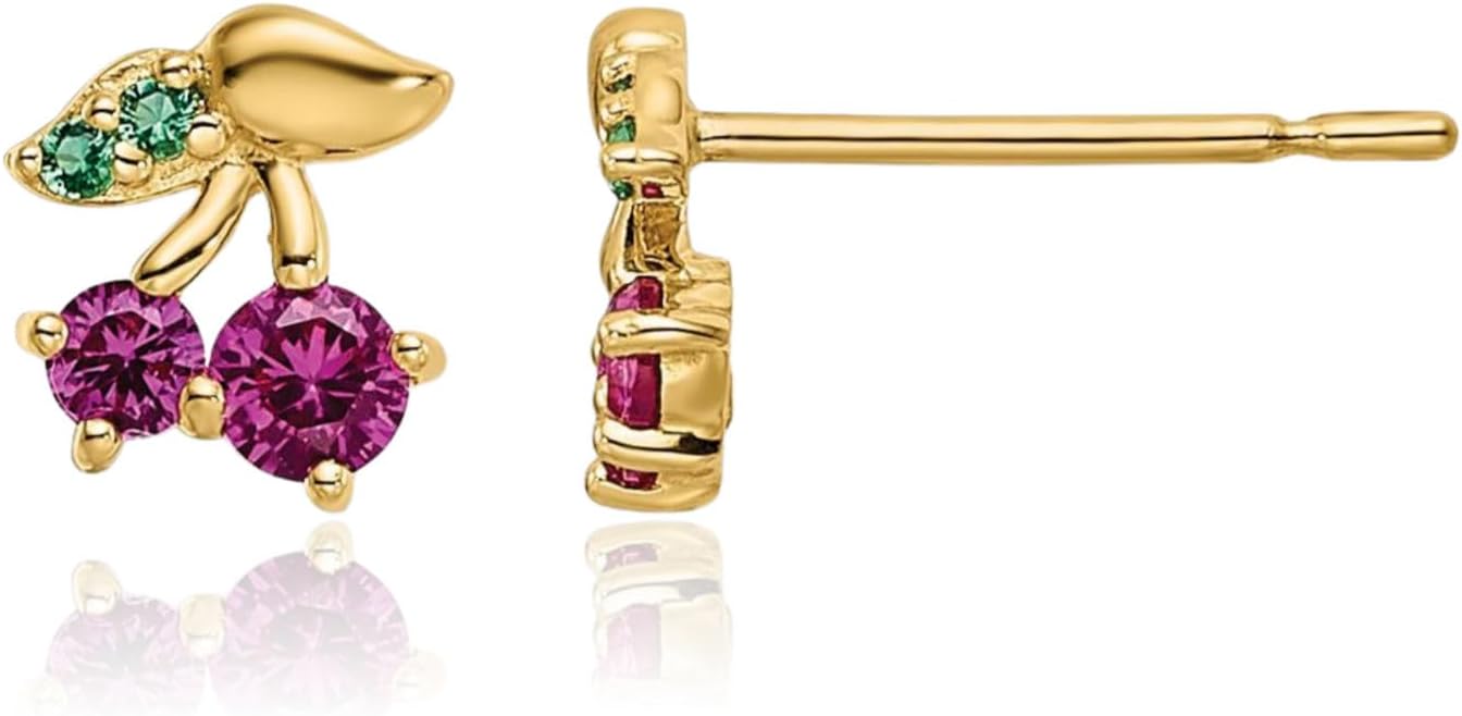 14K Solid Yellow Gold Red Cubic Zirconia CZ Green Glass Cherry Stud Earrings