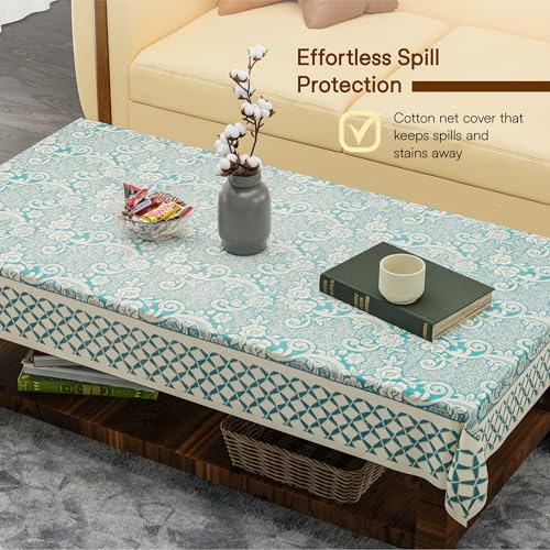 Image of Kuber Industries 40x60 Inch Net Cotton Center Table Cover Cloth | 4 Seater Centre Coffee and Teapoy Cover for Living Room | Aqua Rose 1893 Bright - Cream