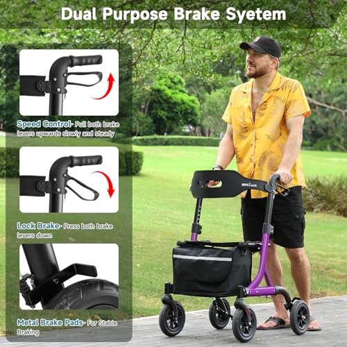 Image of MAXWALK Foldable Rollator Walkers for Seniors with Seat, 18 lb Lightweight | 8 inch All-Terrain Rubber Wheels, Aluminum Frame, Height Adjustable, Built-in Brake Cable, Cup Holder, Backrest, Easy Assembly
