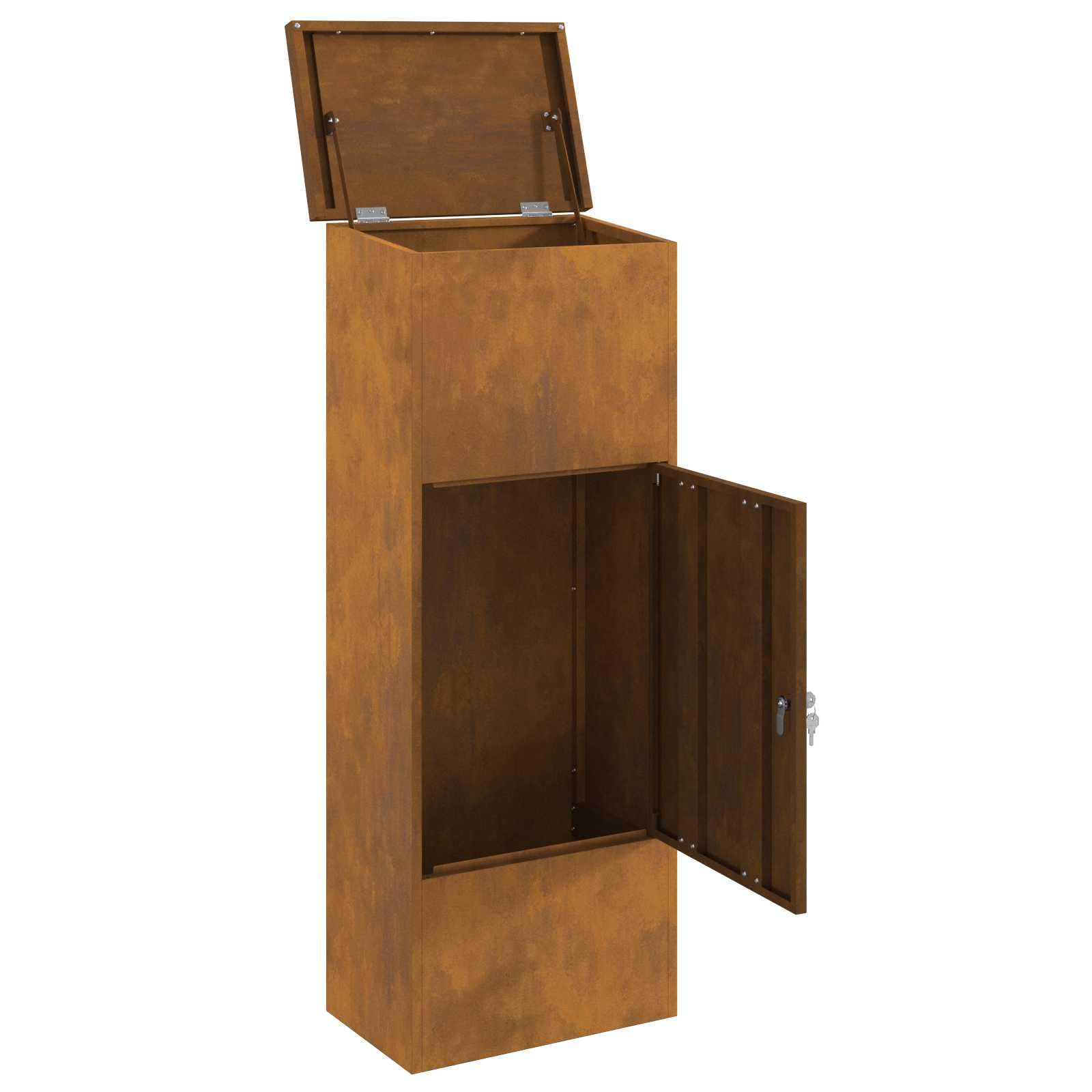 Pudełko na paczki, rdzawe ze stali odpornej na warunki atmosferyczne, wymiary 44,5 x 29 x 110,5 cm, zamykane, odporne na warunki atmosferyczne, do użytku na zewnątrz, nowoczesne wzornictwo