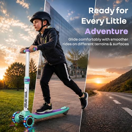 Image of R for Rabbit Road Runner Stellar Duo 2-in-1 Kids Kick Scooter with Foldable & Detachable Ride-On Seat, 4-Level Adjustable Height, LED PU Wheels for Boys & Girls 3+ Years, Up to 75 kg (Green Purple)