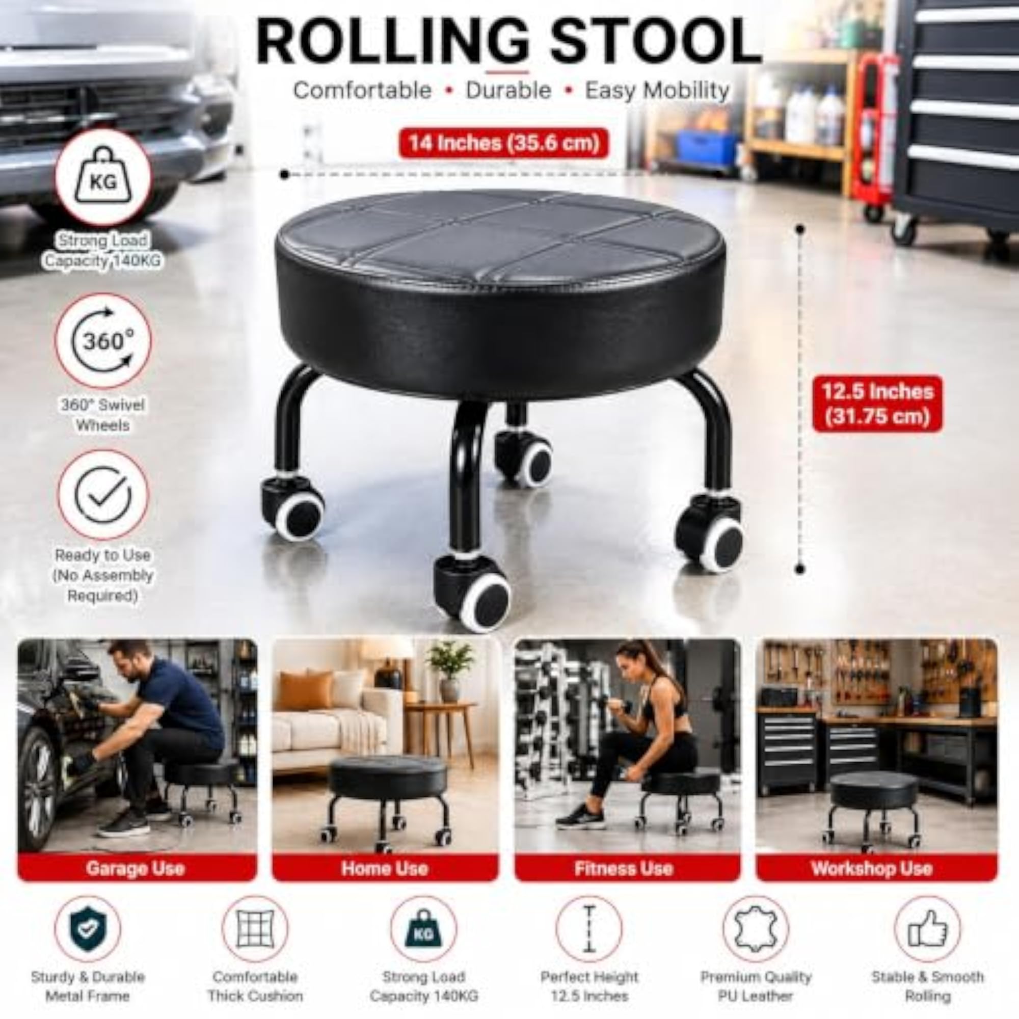 Rolling Stool with Wheels and Thick Cushion Seat