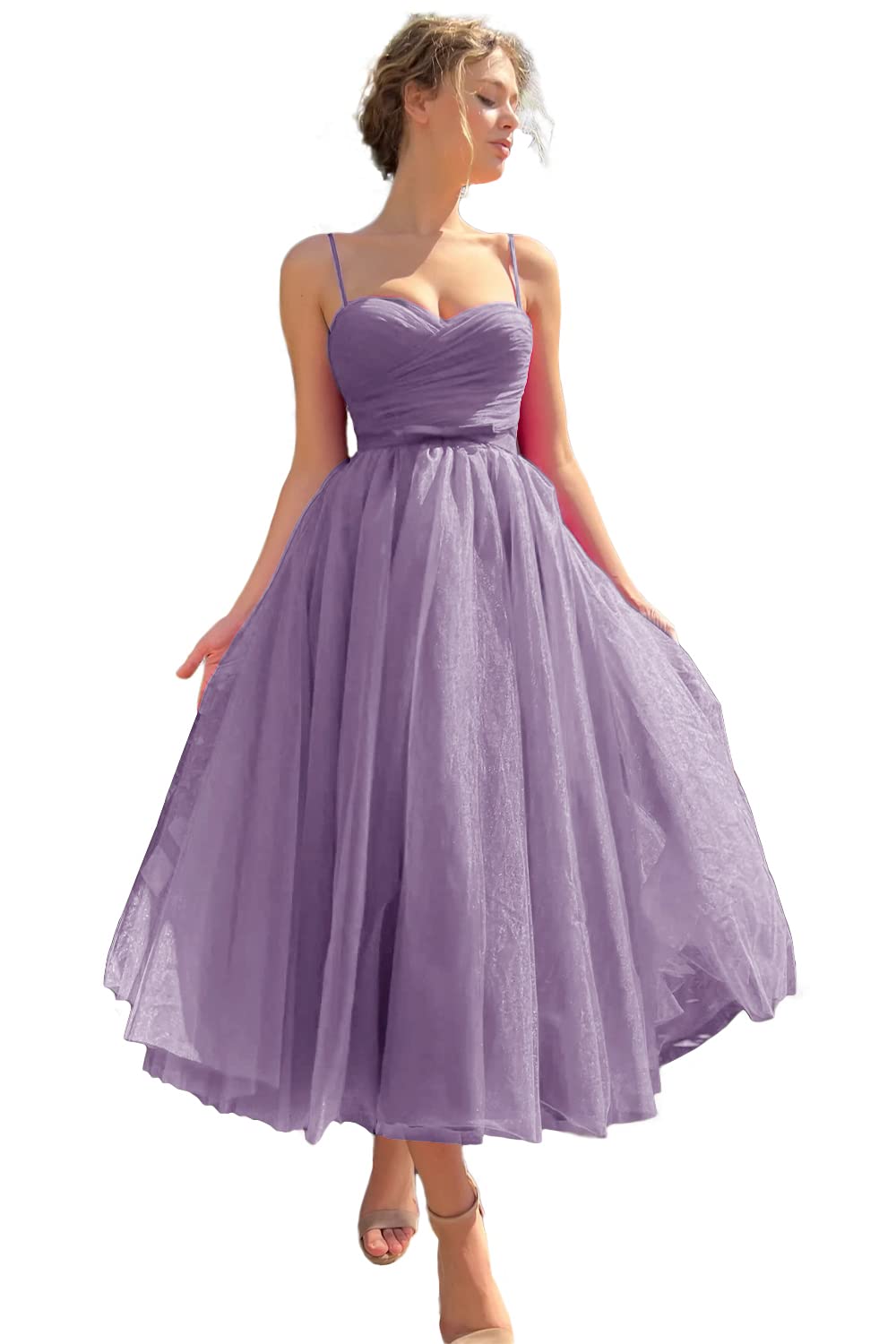 Sevintage Spaghetti Straps Tulle Prom Dress Tea Length Formal Party Evening Dress with Pockets
