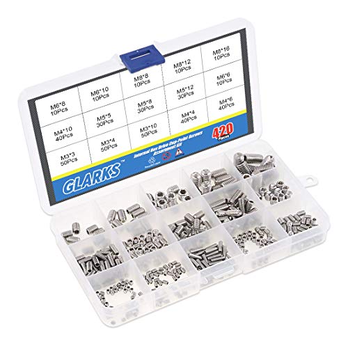 Glarks 300 Stück Madenschrauben, Edelstahl Gewindestifte Schrauben M2.5 M3 M4 M5 M6 M8, 15 Größen Hex Grub Kopf Maschinenschraube, Edelstahl Madenschrauben Sortiment mit Kleinem Inbusschlüssel Set
