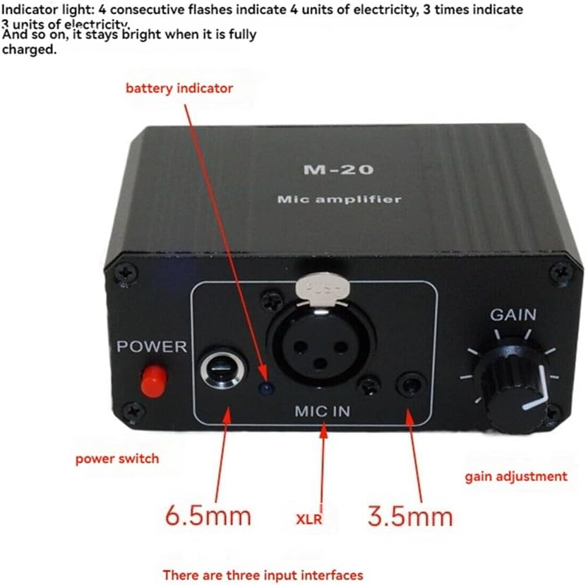 Front panel of Uziurl M-20 Microphone Amplifier with labeled inputs and controls