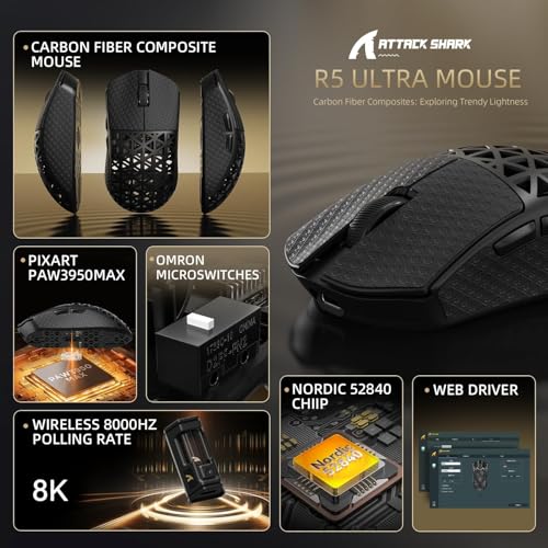 Image of ATTACK SHARK R5 Ultra Wireless Gaming Mouse,Carbon Fiber Shell 39g Superlight,PAW3950MAX Nordic 52840 MCU 8K Polling 42K DPI Optical Sensor,BT /2.4G /USB-C Wired Mice with Coiled Cable-Black&Griptape