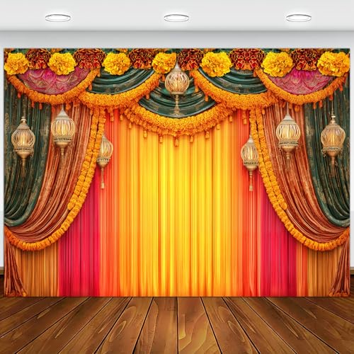 Image of India Pooja Backdrop, Puja Ganpati Pooja Traditional Mehndi Festival Party Decorations, Diwali India Wedding India Ceremony Bridal Shower Photography Background Wall Decor Props Banner 7X5FT