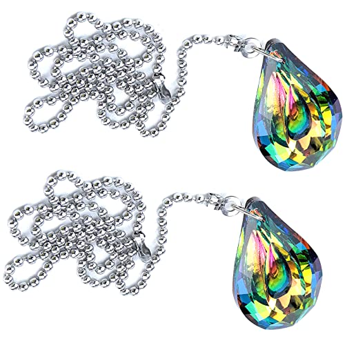 Image of 2 Pcs Green Glass Drop Pendant Pull Chain for Ceiling Fan Chandelier Light 20-Inch Length Ball-Bead Chain (1.9 inch Drop Shape)