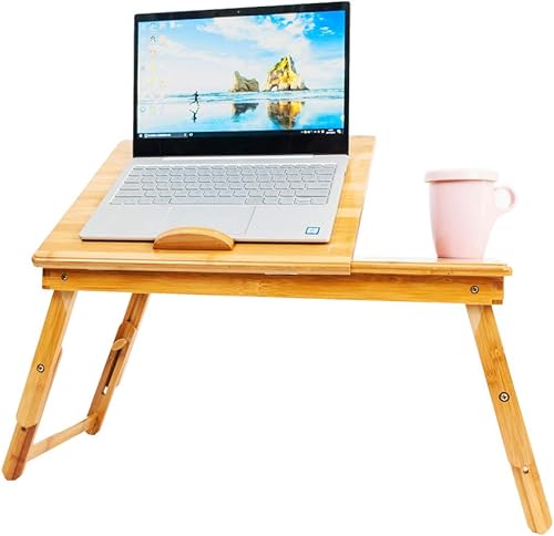 Miniatura 2 de Bamboo Laptop Desk, Adjustable Portable Breakfast Serving Bed Tray Multifunctional Table with Tilting Top Storage Drawer (from US, Wood（Double