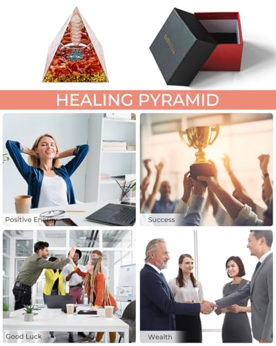 Image of Hand of Fatima - Orgone Pyramid with Healing Crystals - Energy Generator for Positive Vibe, Stress Relief & Chakra Reiki Meditation - Pyramid Decor - Spiritual Gift for Success, Wealth & Prosperity