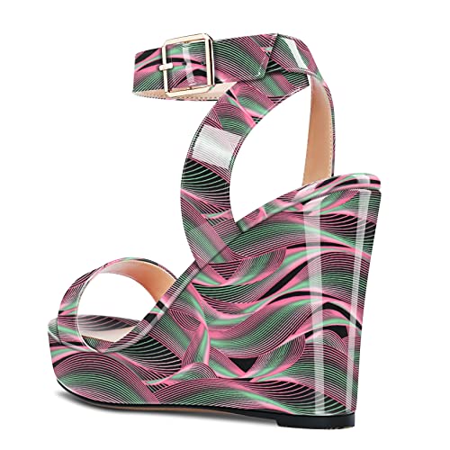 Image of Aachcol Women Platform Wedge Sandals Round Peep Open Toe Ankle Strap Slingback Two-Piece Chunky Block High Heel Dress Shoes Pumps Party Patent 4 Inch