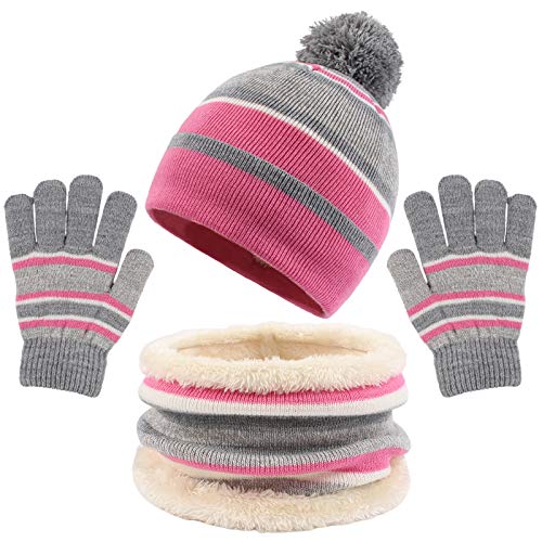 Winter Kids Hat Scarf Glove Set Knit Fleece Lined Beanie Neck Warmer Mittens for Toddler Boys Girls 3-8 Years (Pink)