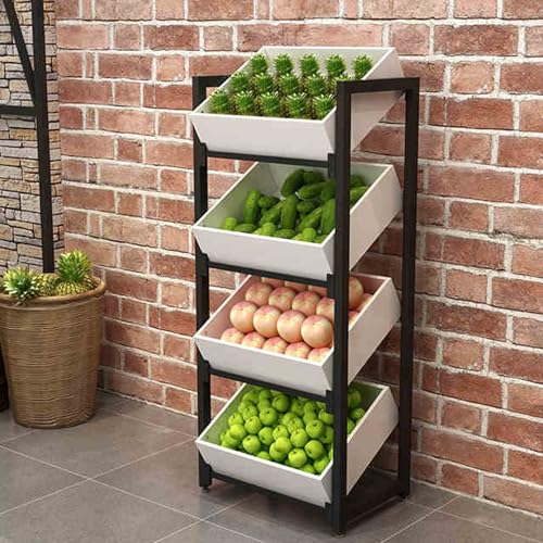 Estantes de exhibición modernos blancos para tiendas minoristas de comestibles y despensa, estante con cesta de frutas, verduras, aperitivos, organizador para supermercado, estantes resistentes y