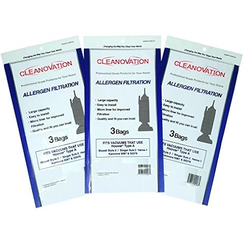 Cleanovation Vacuum Cleaner Bags generic replacement for Hoover A; Bissell 2; Kenmore 5037 & 50378; Singer SUB-2 HEMS-1; 9-pack - Micro Allergen Bag, Lined Allergen Bags, Micro Lined Bags Cover