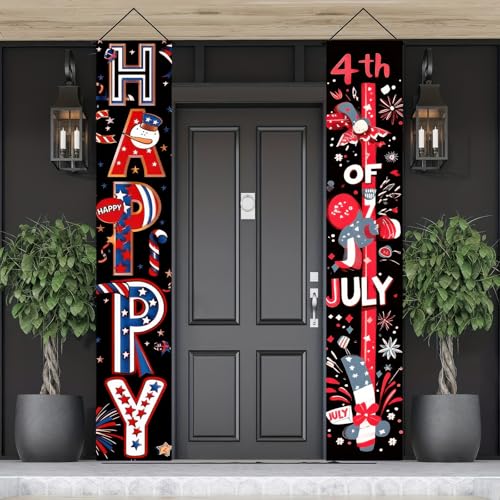 Image of BlissYard 4th of July Decorations 2Pcs Patriotic Decor Door Banner American Flag USA Independence Day Banners Hanging Porch Signs Memorial Veterans Labor Day for Front Yard Indoor Outdoor Supplies