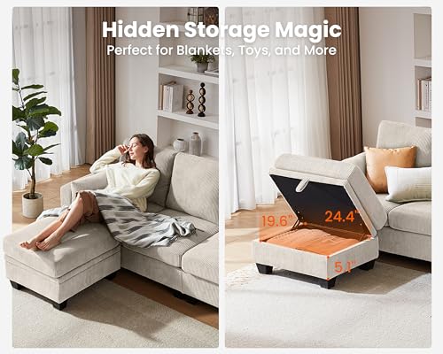 Image of CHIC HOUSE Middle Module for Modular Couch, Corduroy Customizable Chaise, Storage Ottoman for Sectional Sofa, Armrest, Single /Double Seater