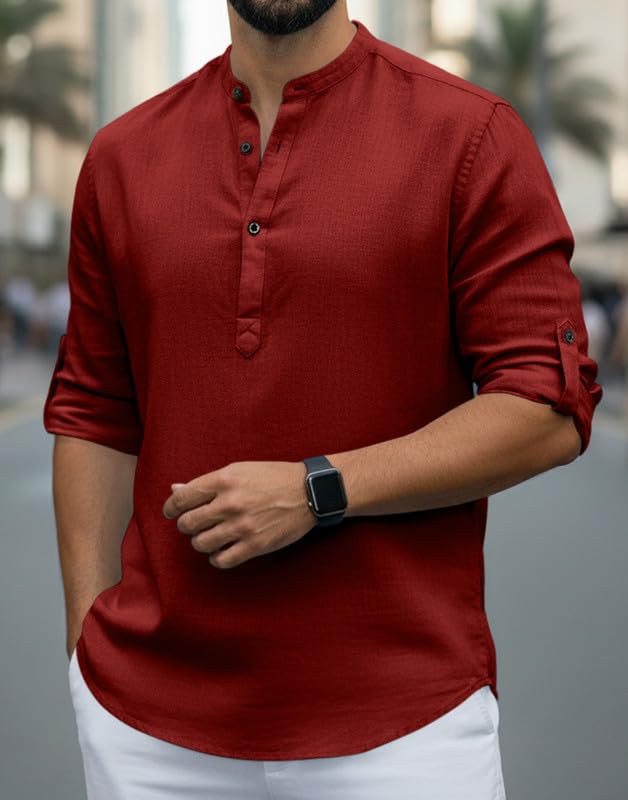 Image of Men Cotton Blend Mandarin Collar Casual Kurta Shirt | Roll-Up Sleeves | Regular Fit Ethnic Short Kurta for Daily
