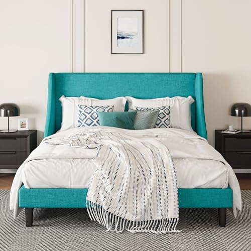 SHA CERLIN Upholstered Bed Frame Full Size with Streamlined Wingback Headboard, Breathable Linen Fabric, Solid Wooden Slats, Easy Assembly, Blue