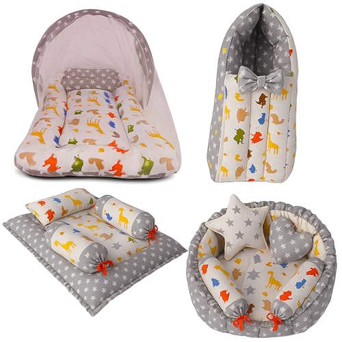 Image of Kwitchy Baby Bedding Set New Born Baby Bed | Mattress | Mosquito Net | Gadda Set | Bed | Cotton | Essential Combos | Gift Pack | Boys & Girls (0-6 Months, Grey) (4PCS Set)