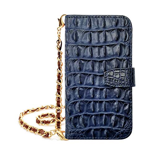 sslink iPhone17 Pro Max アイフォン17プロマックス 対応 手帳型 ケース クロコ柄 (ネイビー) 型押し PUレザー 合皮 クロコダイル ワニ革調 ロング チェーン ストラップ 付き (チェーン/ブラウン) ダイアリータイプ 横開き