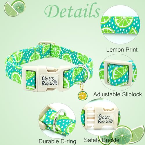 Image of Summer Fresh Green Lime Print Dog Collar for Small Dogs | Green Lemon,Beach Trip,Pool Party,Daily Walking,Adjustable,Cotton Fabric,Quick Release Plastic Buckle,Pendant,Female /Male Dog