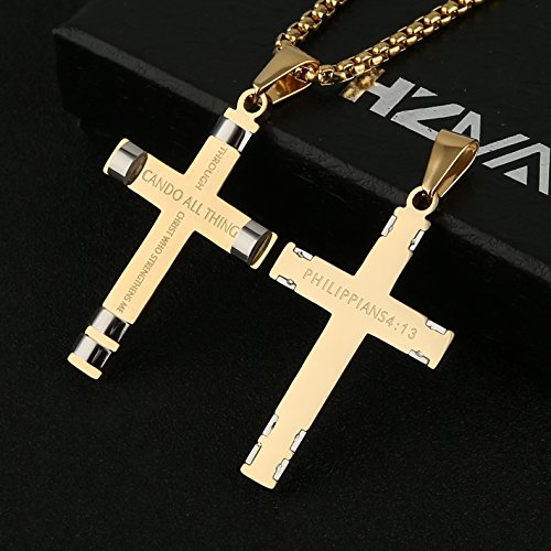 Image of HZMAN Philippians 4:13 Cross Pendant STRENGTH Bible Verse Stainless Steel Necklace 3 Colors Available